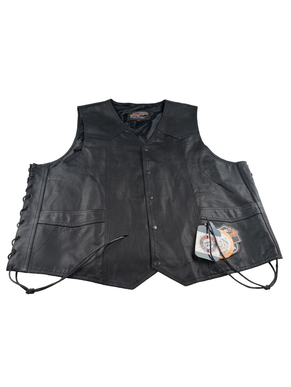 Papas Leather Oklahoma Motorcycle Vest Mens 5XL Black Side Lace Up Snap Biker